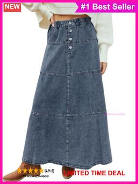 Casual Denim Maxi Skirt Elastic High Waist A-Line Tiered Jean Skirt